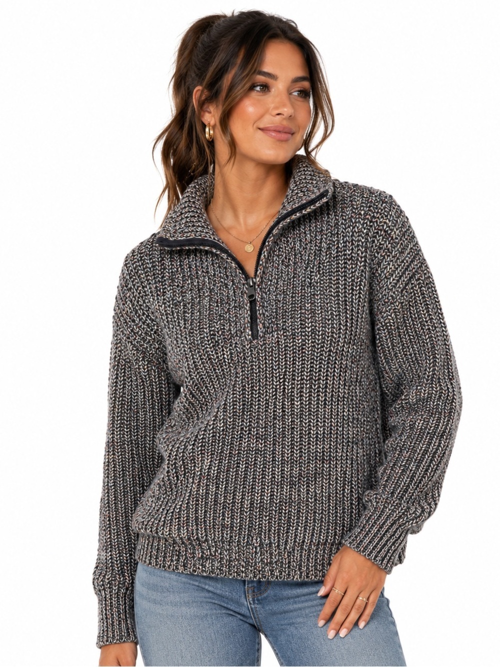 OFFLINE Aerie Chillside Quarter Zip Sweater XS Speckled Marl Knit Pullover Gray